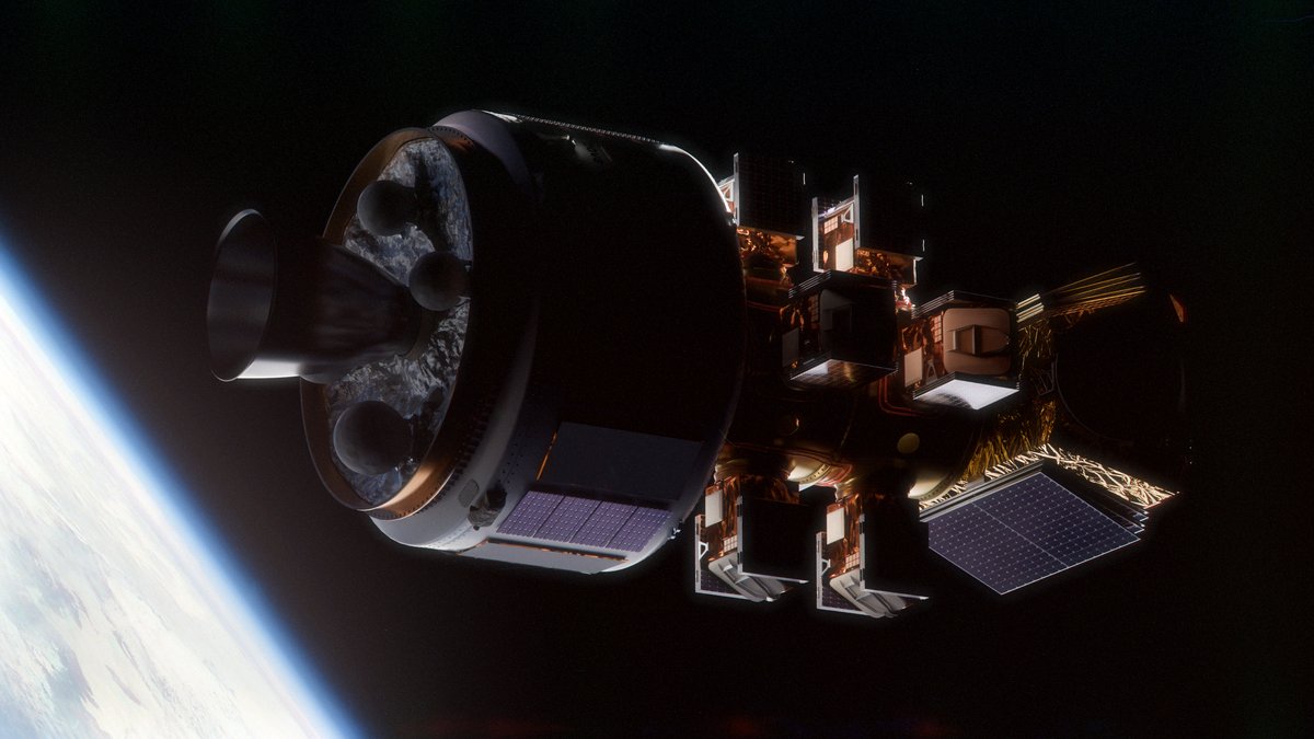 Vue d’artiste d’un véhicule orbital déployant des satellites au-dessus de la Terre