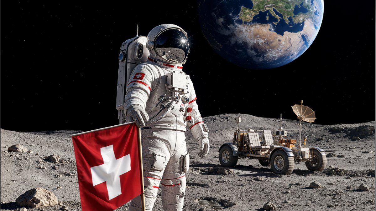 Illustration générée par IA: un astronaute tenant un drapeau suisse sur la Lune, la Terre et un rover en arrière-plan